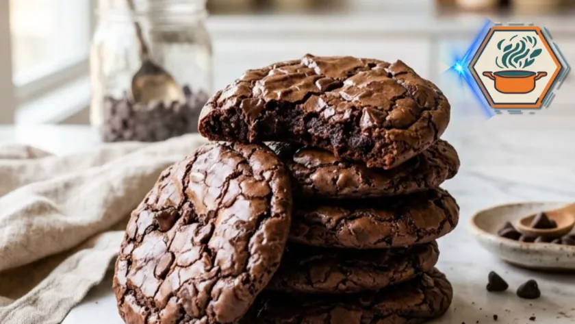 Two-Ingredient Brownie Cookies stacked on white marble in an American-style kitchen
