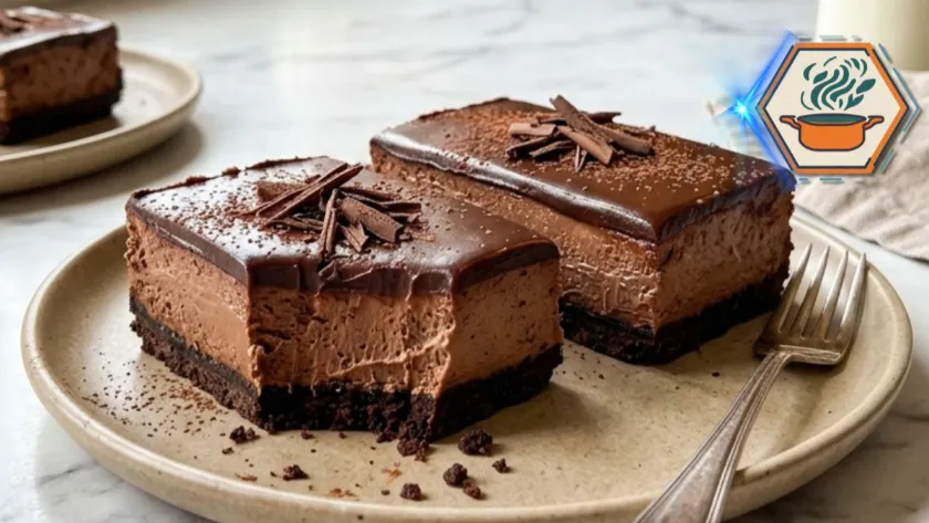 Two-Ingredient Chocolate Cheesecake Bars 2 Two-Ingredient Chocolate Cheesecake Bars on white marble countertop