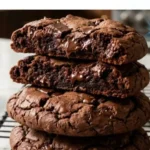 Stacked two-ingredient chocolate cookies on a cooling rack in a white marble kitchen