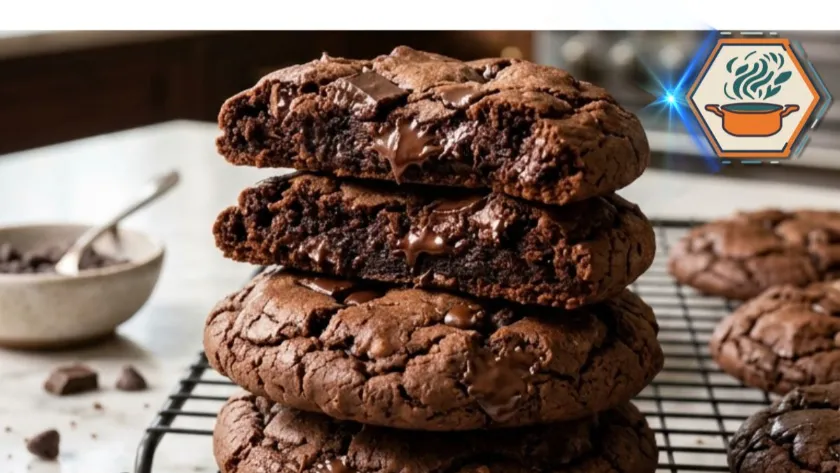 Two-Ingredient Chocolate Cookies: The Easiest Chocolate Treat You'll Ever Make 4 Stacked two-ingredient chocolate cookies on a cooling rack in a white marble kitchen