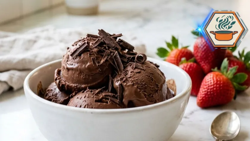 Two-Ingredient Chocolate Ice Cream in a white bowl on marble countertop.