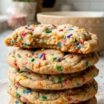 Soft Two-Ingredient Funfetti Cookies on white marble countertop