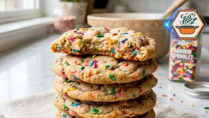 Soft Two-Ingredient Funfetti Cookies on white marble countertop