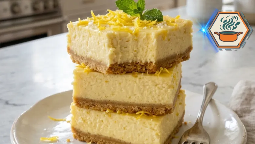 Two-Ingredient Lemon Cheesecake Bars on a white marble countertop