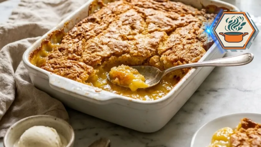 Two Ingredient Lemon Cobbler with golden cake mix topping