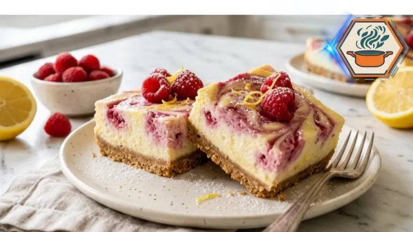 Two-Ingredient Lemon Raspberry Cheesecake Bars on a white marble countertop