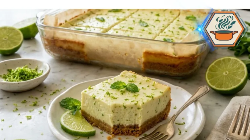 Two-Ingredient Lime Cheesecake Bars on a white marble countertop
