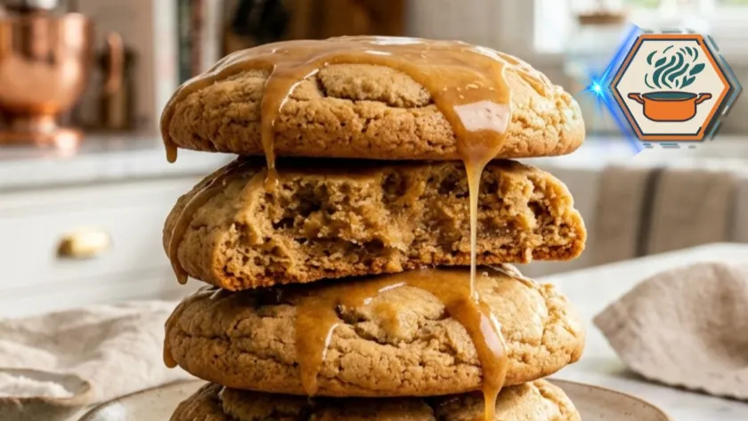 Two-Ingredient Maple Cookies stacked on a white marble countertop