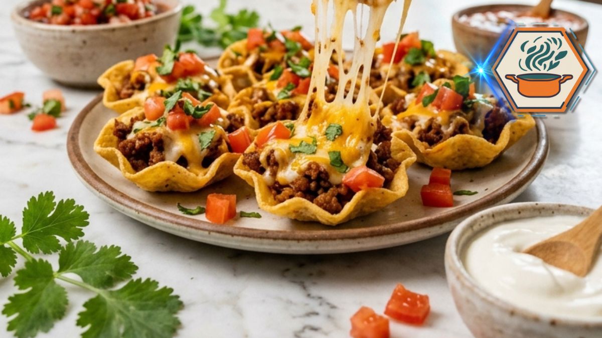 Two-Ingredient Mini Taco Bites with melted cheese on white marble in an American kitchen