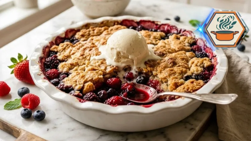 Two-Ingredient Mixed Berry Cobbler fresh from the oven