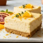 Two-Ingredient Orange Cheesecake Bars on white marble countertop