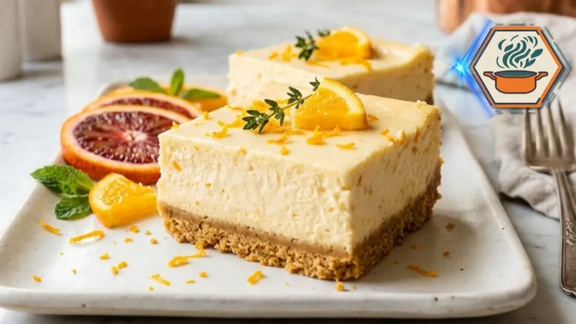Two-Ingredient Orange Cheesecake Bars on white marble countertop