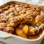 Two-Ingredient Peach Cobbler fresh from the oven with golden topping