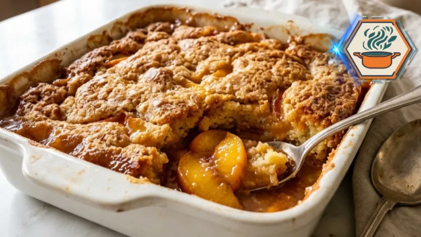 Two-Ingredient Peach Cobbler fresh from the oven with golden topping