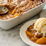 Best Two-Ingredient Peach Dump Cake with buttery golden topping