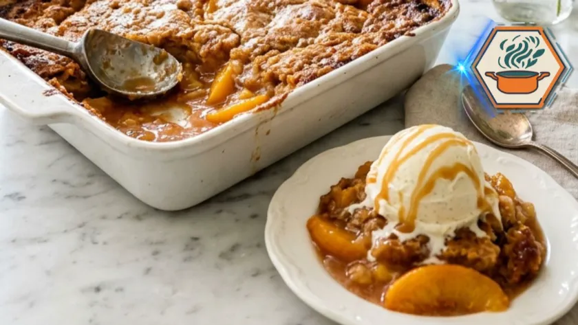 Best Two-Ingredient Peach Dump Cake with buttery golden topping