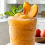 Two-Ingredient Peach Slush served in a chilled glass with fresh peaches.