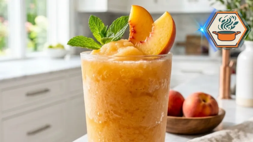 Two-Ingredient Peach Slush served in a chilled glass with fresh peaches.