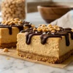 Two-Ingredient Peanut Butter Cheesecake Bars on white marble countertop