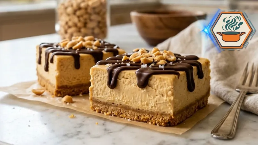 Two-Ingredient Peanut Butter Cheesecake Bars 3 Two-Ingredient Peanut Butter Cheesecake Bars on white marble countertop