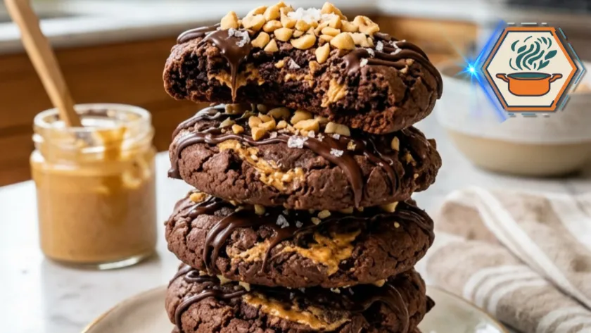 Two-Ingredient Peanut Butter Chocolate Cookies on a white marble kitchen counter