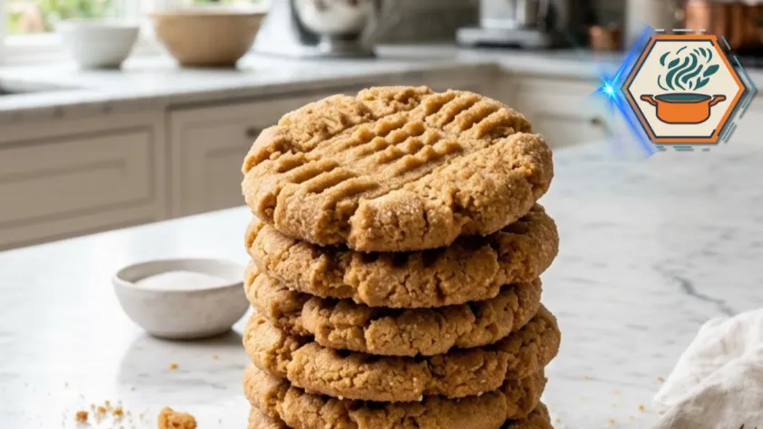 Two-Ingredient Peanut Butter Cookies: The Ultimate Easy Cookie Recipe 5 Two-Ingredient Peanut Butter Cookies stacked on white marble countertop