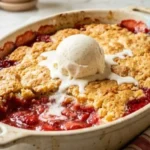 Two-Ingredient Strawberry Cobbler with golden crust and vanilla ice cream on white marble.
