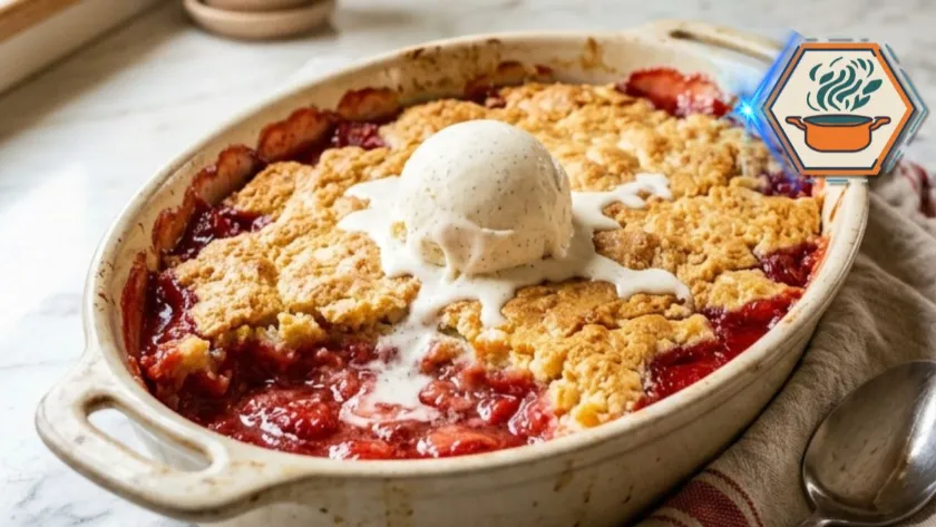 Two-Ingredient Strawberry Cobbler with golden crust and vanilla ice cream on white marble.