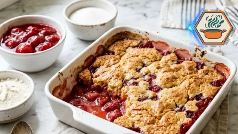 Two-Ingredient Strawberry Cobbler 4 Recipe card image for Two-Ingredient Strawberry Cobbler with ingredients on white marble.