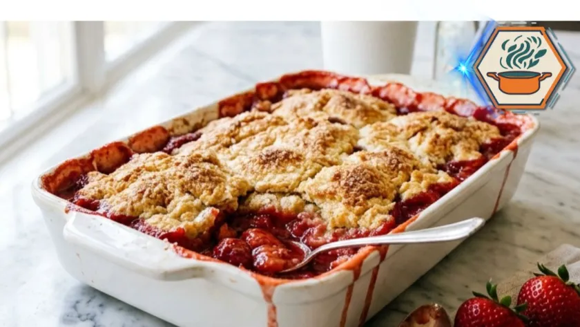 Two Ingredient Strawberry Shortcake Bake with golden topping