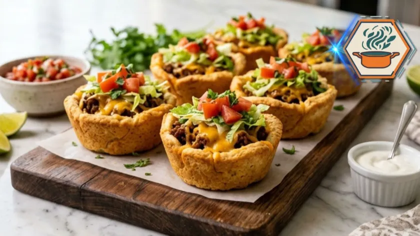 Two-Ingredient Taco Cups: Easy, Crispy, and Family-Friendly 3 Two-Ingredient Taco Cups served on a white marble countertop