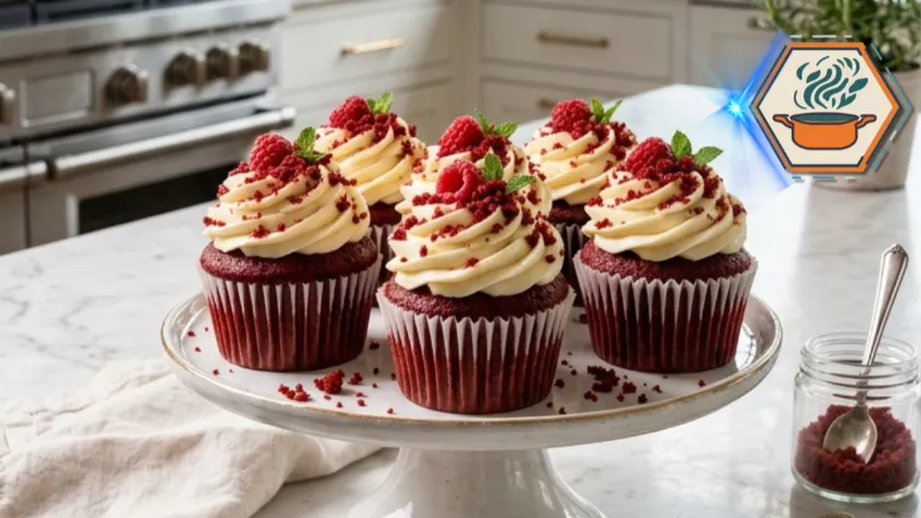 Ultimate Red Velvet Cupcakes with cream cheese frosting on white marble countertop