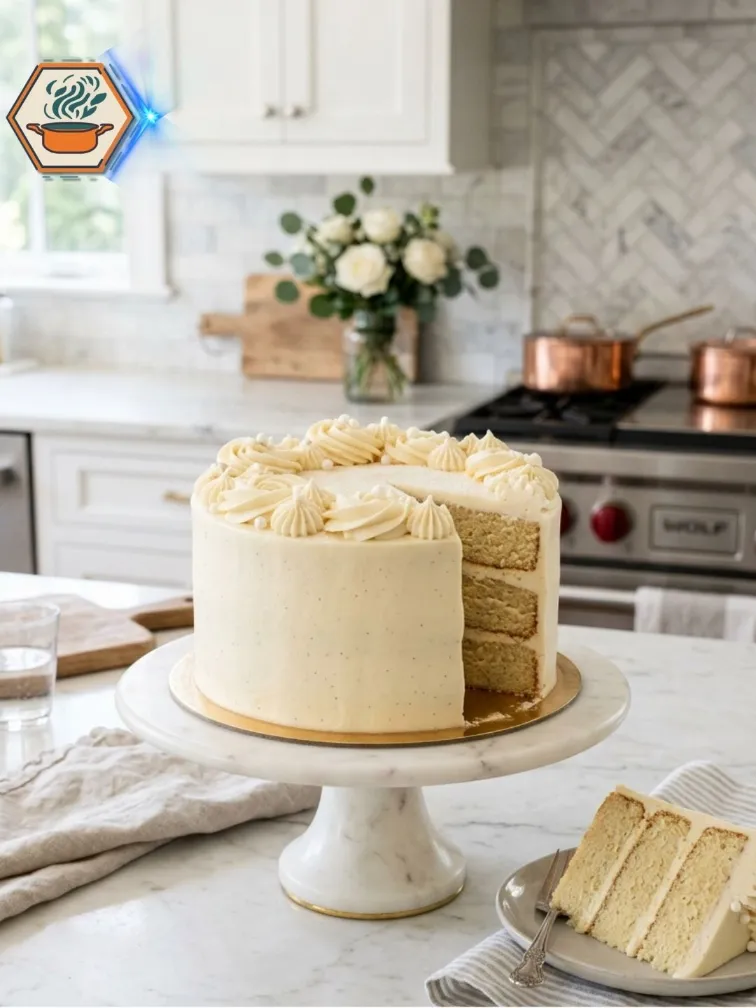 Layer cake frosted with Vanilla Buttercream Frosting.