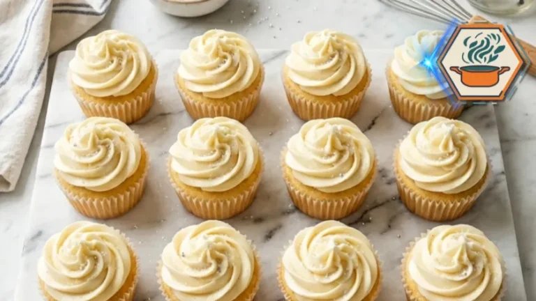 Vanilla Cupcakes Recipe: Soft, Fluffy & Easy 8 Vanilla cupcakes arranged on a marble countertop