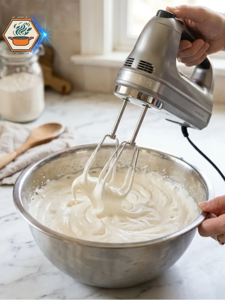 Cold heavy cream being whipped for no-churn chocolate ice cream.