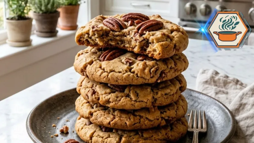 Bakery-style 3-Ingredient Butter Pecan Cookies stacked on a ceramic plate.