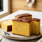 Japanese Castella Cake Recipe with soft honey sponge slices on white marble countertop
