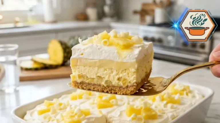 Pineapple Cheesecake Lush Recipe (Bakery-Style No-Bake) 3 Pineapple Cheesecake Lush with visible creamy layers served in a white baking dish.