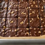 Four-Ingredient Chocolate Fudge stacked on a white marble board in a bright American kitchen.