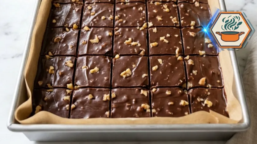 Four-Ingredient Chocolate Fudge stacked on a white marble board in a bright American kitchen.