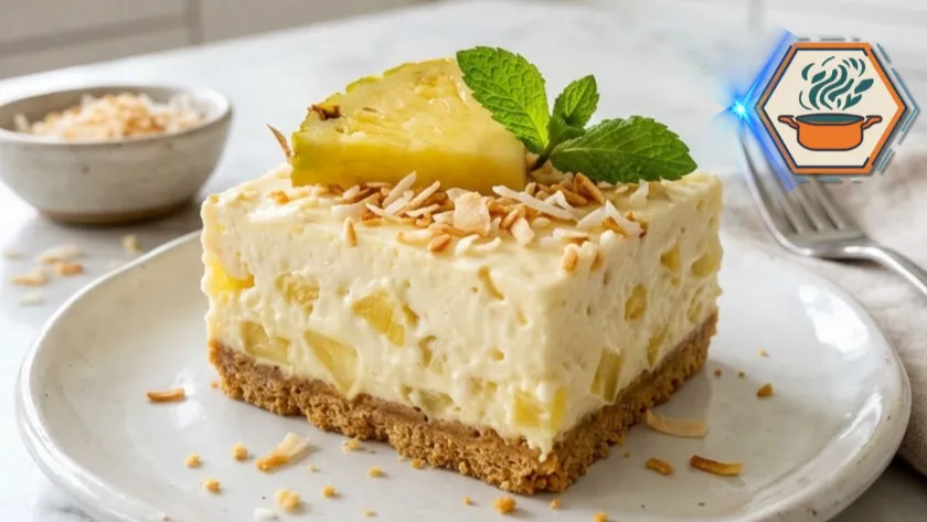 Four-Ingredient Pineapple Dessert served on a white plate with creamy pineapple filling and graham cracker crust.