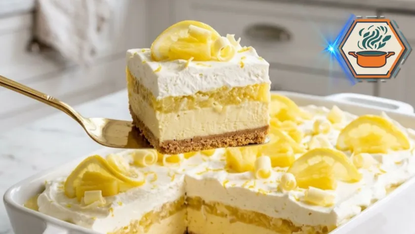 Pineapple Lemon Sunshine Lush served in a baking dish with visible creamy lemon and pineapple layers