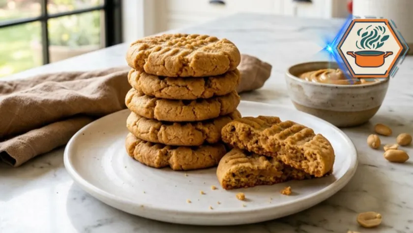 Three-Ingredient Peanut Butter Cookies stacked on a plate with soft chewy centers