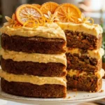 Tall Carrot and Orange Cake with orange cream cheese frosting on white marble countertop.