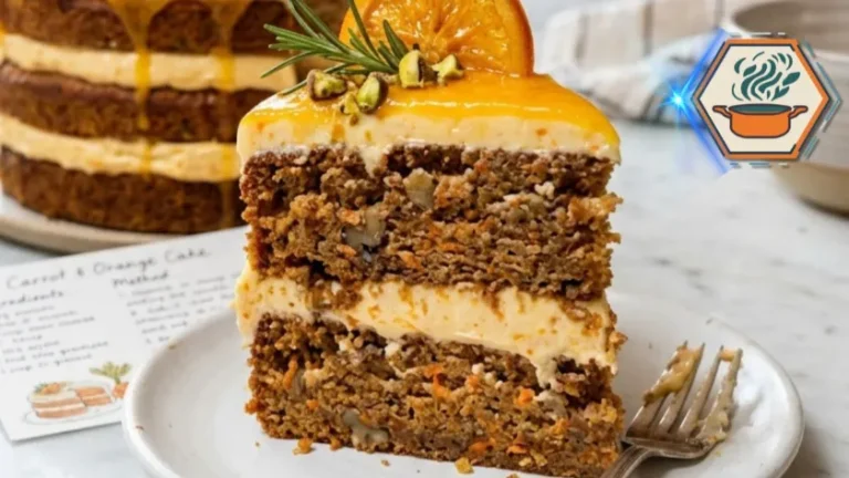 Carrot and Orange Cake 7 Slice of Carrot and Orange Cake showing moist layers and orange cream cheese frosting.