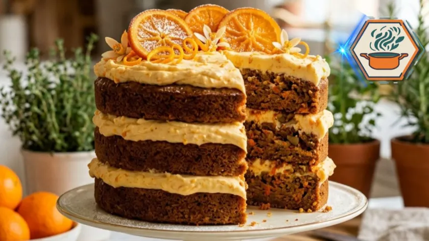 Carrot and Orange Cake 6 Tall Carrot and Orange Cake with orange cream cheese frosting on white marble countertop.