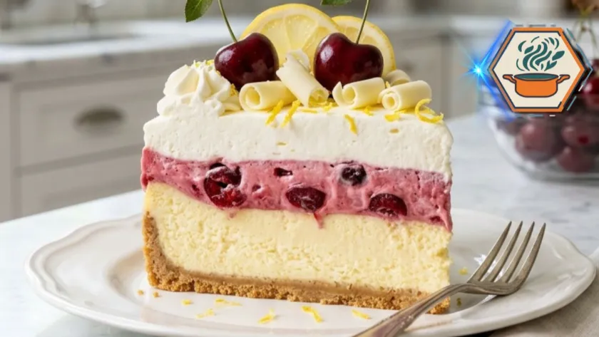 Cherry Lemon Dream Cheesecake Lush with lemon cheesecake, cherry cream and whipped topping.
