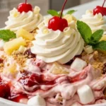 Cherry Pineapple Cheesecake Fluff served in a white bowl with whipped cream, cherries, pineapple and graham crackers.