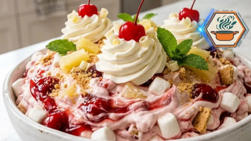 Cherry Pineapple Cheesecake Fluff served in a white bowl with whipped cream, cherries, pineapple and graham crackers.