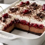 Chocolate Cherry Bliss Dessert with chocolate cheesecake, cherry filling and whipped cream